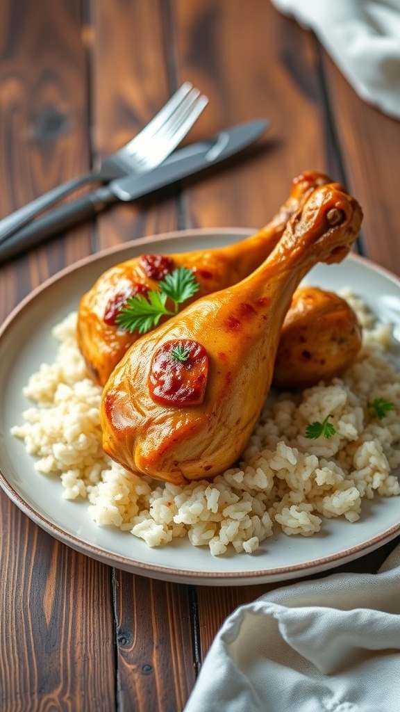Baked chicken drumsticks on rice, garnished with parsley, on a rustic table.
